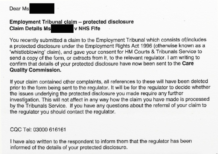 Sheena Pinion ET sent ET1 data to wrong Prescribed Person CQC