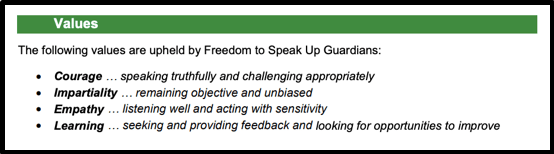 National Guardian's values for Freedom To Speak Up Guardians Courage