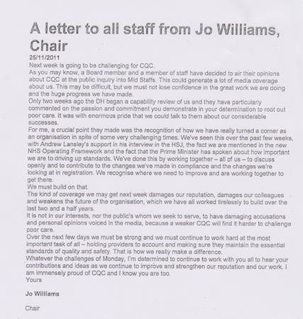 Jo Williams letter to all CQC staff 25 November 2011