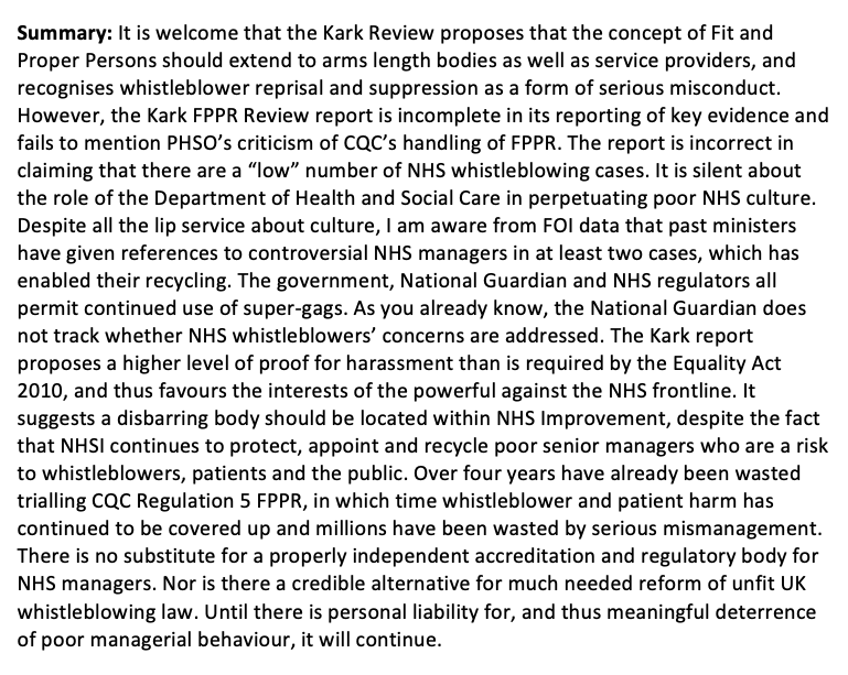 Summary of evidence submitted 3 March 2019 to Health and Social Care Committee for the hearing 12.03.2019 on Kark FPPR Review