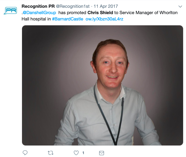 Chris Shield tweet by recognition PR about promotion