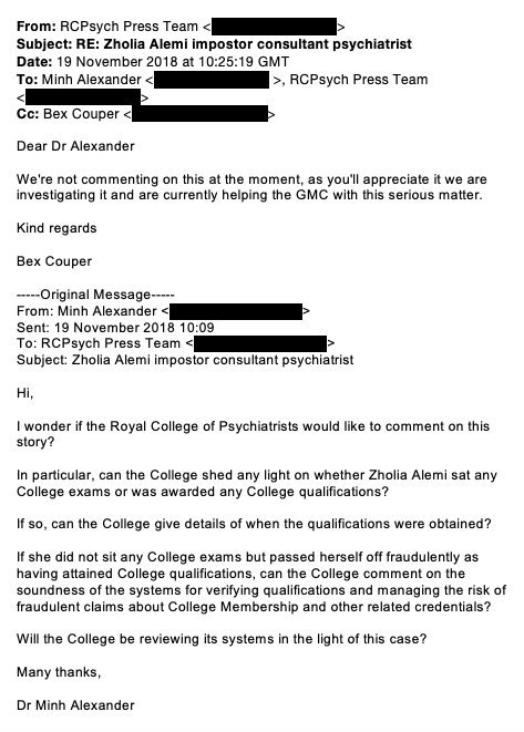 RCPsych Zholia Alemi MRCpsych correspondence