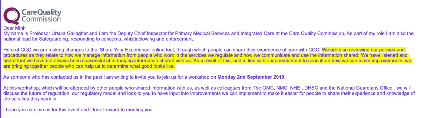 CQC Ursula Gallagher invitation to event 2 September 2019