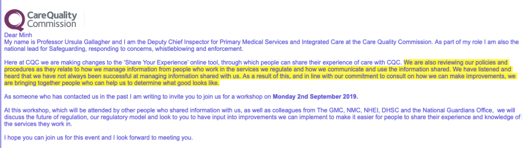 CQC Ursula Gallagher invitation to event 2 September 2019