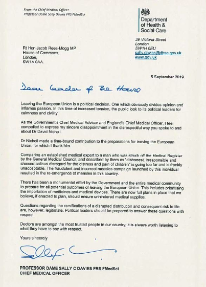 David Nicholl Sally Davies Jacob Rees Mogg letter 5.09.2019