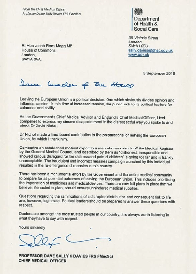 David Nicholl Sally Davies Jacob Rees Mogg letter 5.09.2019