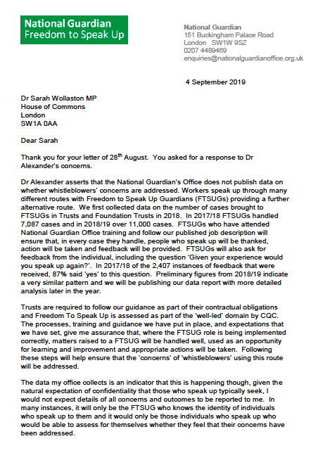 National Guardian letter to Sarah Wollaston 4.09.2019 part 1 tracking whistleblowers' concerns