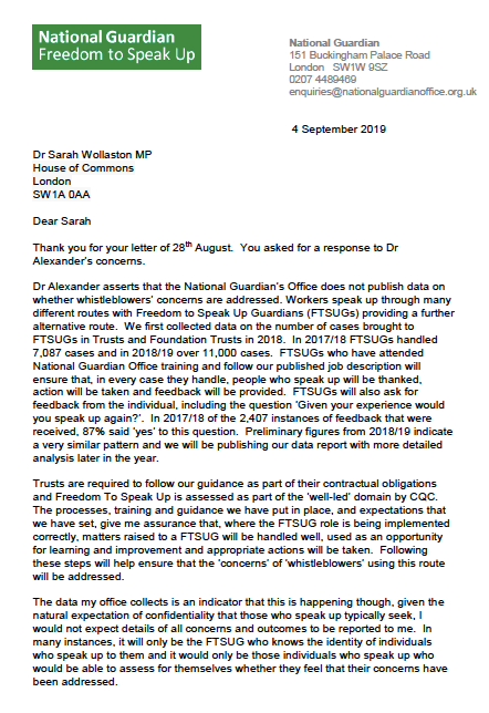 National Guardian letter to Sarah Wollaston 4.09.2019 part 1 tracking whistleblowers' concerns