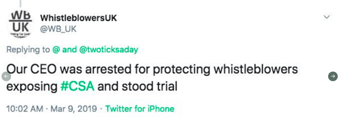 WBUK tweet claim Our CEO was arrested for protecting whistleblowers, exposing CSA and stood trial