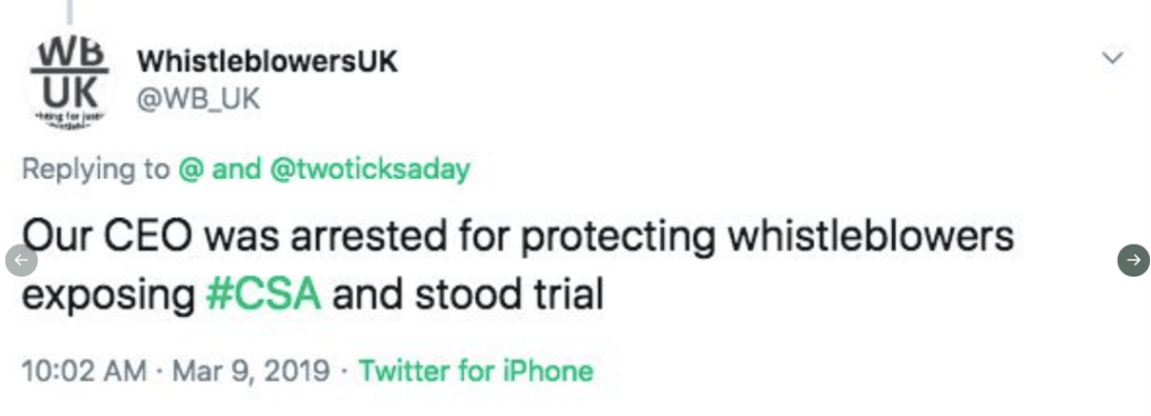 WBUK tweet claim Our CEO was arrested for protecting whistleblowers, exposing CSA and stood trial