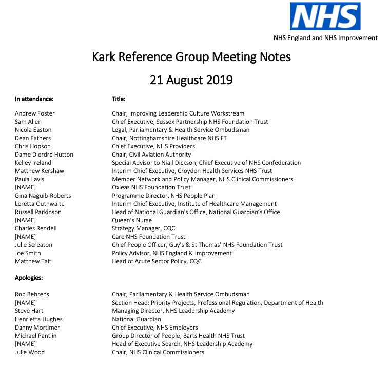 NHSI Kark reference group meeting attendees 21.08.2019