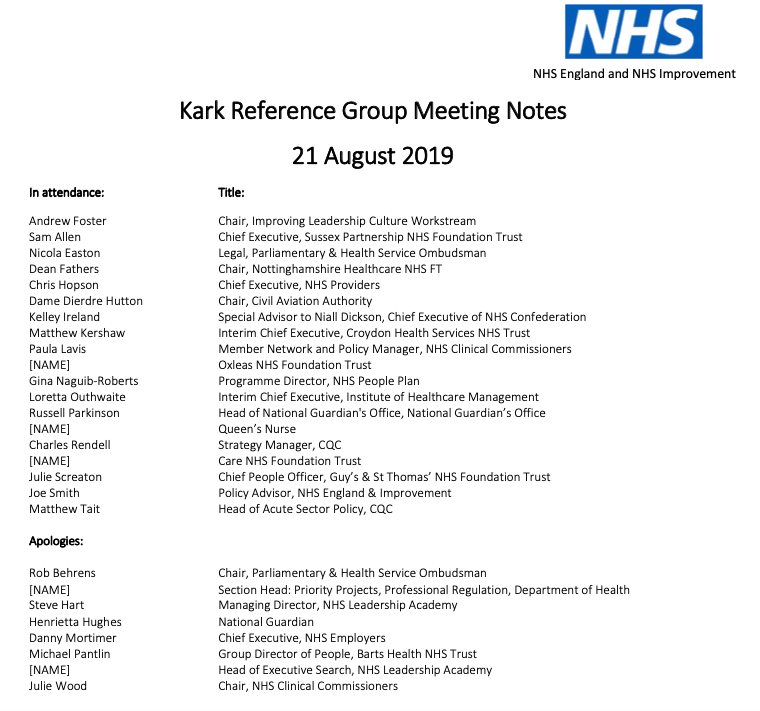 NHSI Kark reference group meeting attendees 21.08.2019