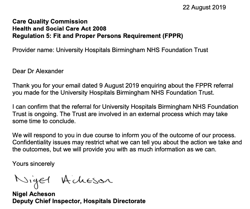 CQC nigel acheson letter 22 august 2019 ongoing fppr review at university hospitals birmingham nhs foundation trust