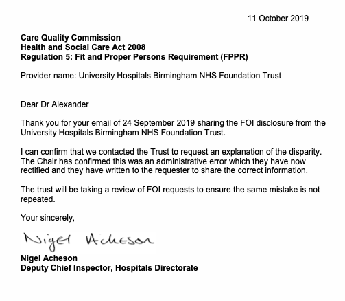 CQC nigel acheson letter 11.10.2019 UHB FOI error