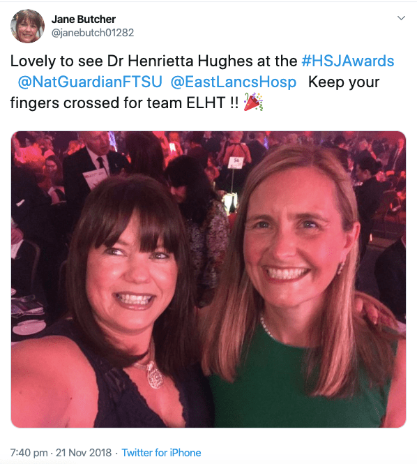 Jane Butcher Speak Up Guardian East Lancashire selfie with Henrietta Hughes HSJ awards 2018