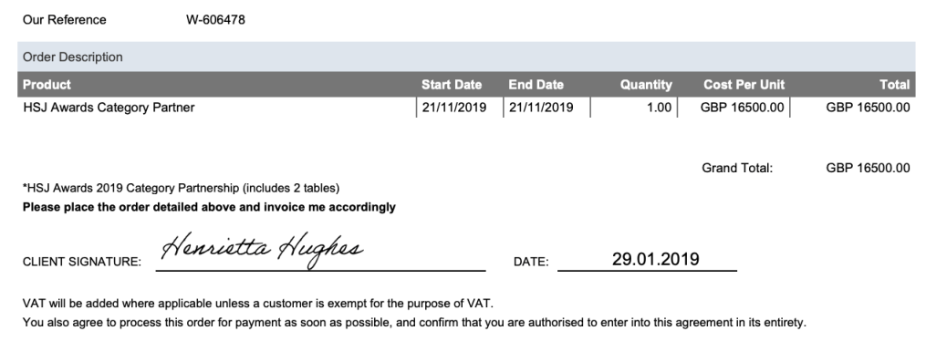 Henrietta Hughes signature on contract with HSJ for HSJ Award sponsorship and payment details
