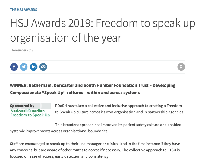 RDASH Freedom To Speak Up Organisation of the year 2019