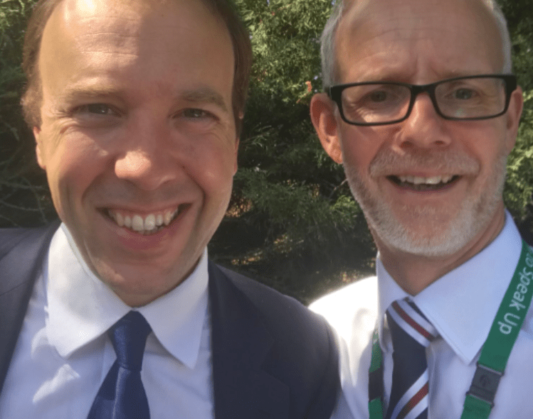 Steve Dunn selfie with Matt Hancock and Freedom To Speak Up lanyard